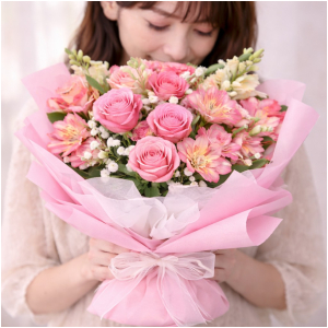 ピンクバラの花束 韓国風ラッピング